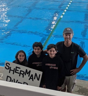 Steve Sherman (Sherman Swim and Dive School) and divers  following Opening Ceremonies on Thursday afternoon, June 13.